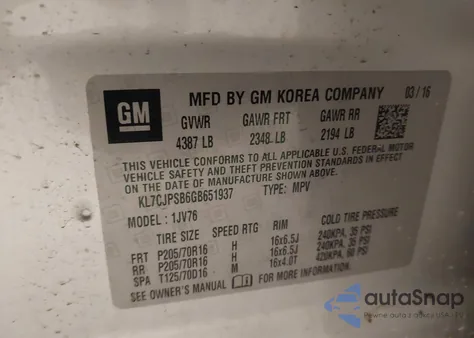 2016 Chevrolet Trax Lt from USA, damaged, VIN KL7CJPSB6GB651937